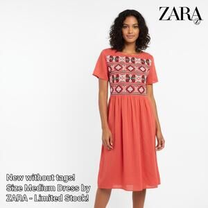 ZARA Medium Coral Embroidered Midi Dress